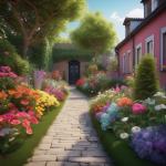Jardin avant avec allée et fleurs colorées